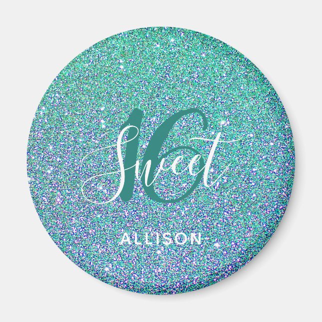 Sweet 16 Teal Blue Glitter Party Favor Magnet (Front)