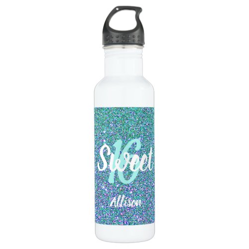 Sweet 16 Teal Blue Glitter Personalized Stainless Steel Water Bottle