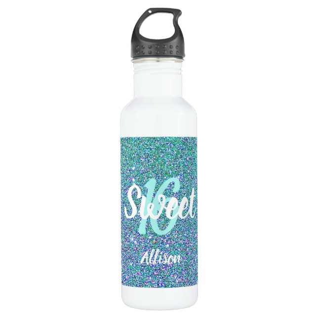 Sweet 16 Teal Blue Glitter Personalized Stainless Steel Water Bottle (Front)