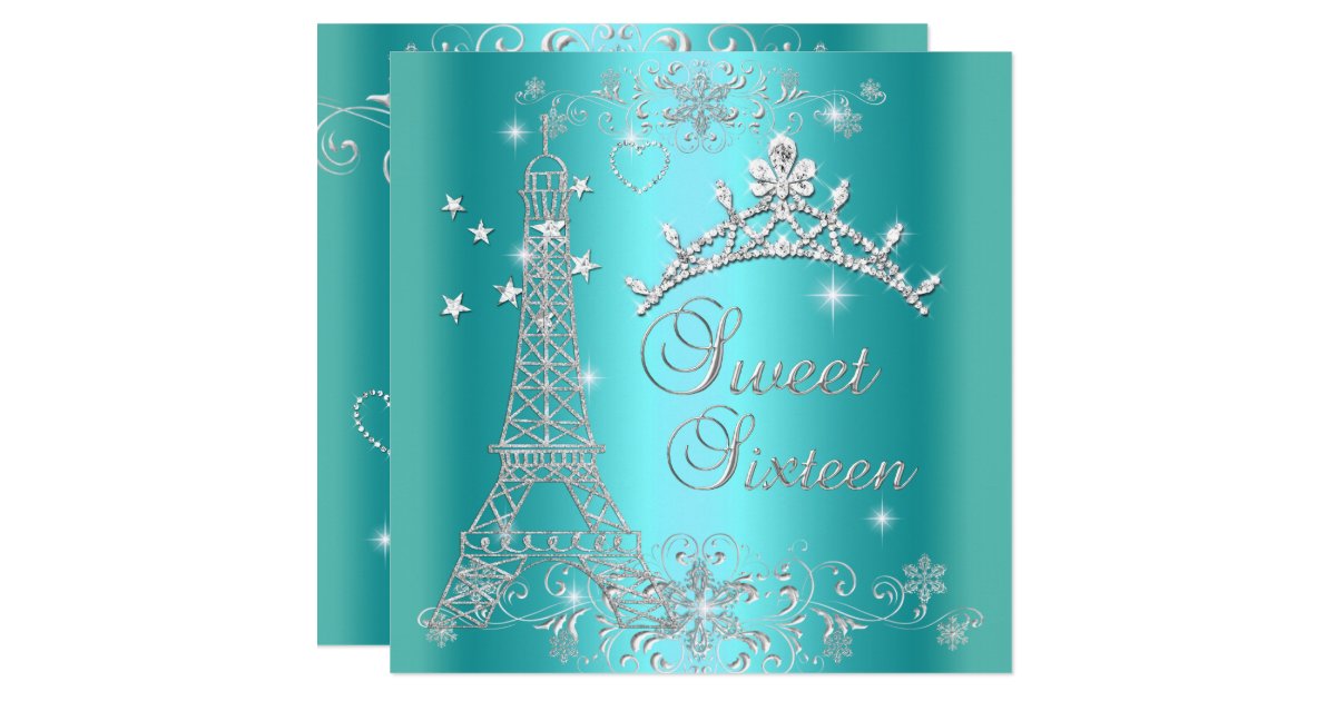 Sweet 16 Teal Blue Glitter Tiara Eiffel Tower Invitation