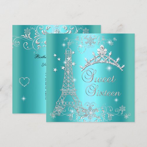 Sweet 16 Teal Blue Glitter Tiara Eiffel Tower Custom Invitations