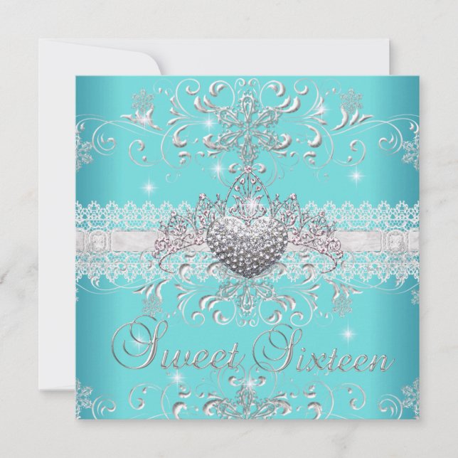 Sweet 16 Teal Blue Glitter Tiara Lace Heart Invitation (Front)