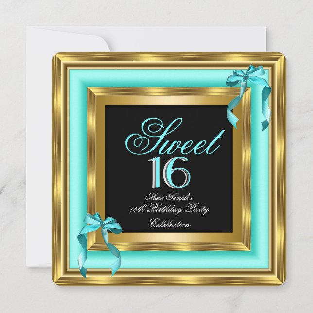 Sweet 16 Teal Blue Gold Black 16th Birthday Party Invitation (Front)