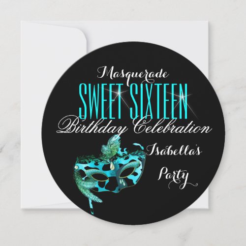 Sweet 16 Teal Blue Mask Masquerade Birthday Party Invitation