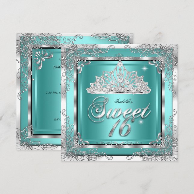 Sweet 16 Teal Blue Silver Diamond Tiara Party Invitation (Front/Back)