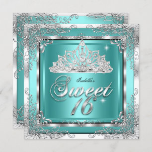 Sweet 16 Teal Blue Silver Diamond Tiara Party Invitation