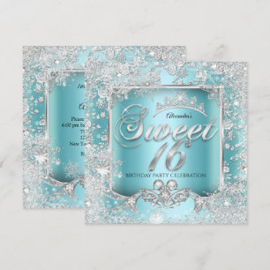 Sweet 16 Teal Blue Silver Tiara Winter Wonderland Invitation