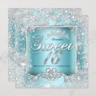 Sweet 16 Teal Blue Silver Tiara Winter Wonderland Invitation
