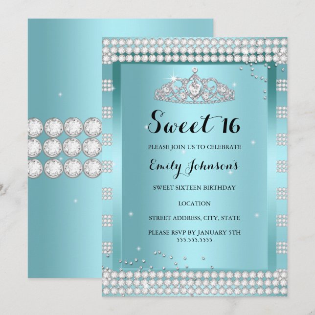 Sweet 16 Teal Blue Sparkle Tiara Birthday Party Invitation (Front/Back)