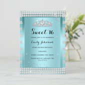 Sweet 16 Teal Blue Sparkle Tiara Birthday Party Invitation (Standing Front)