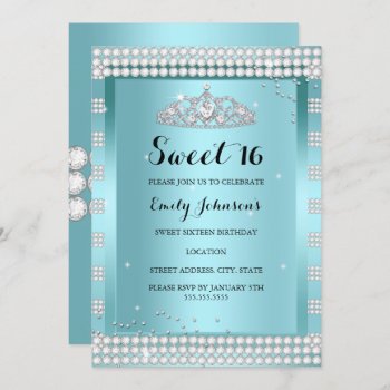 Sweet 16 Teal Blue Sparkle Tiara Birthday Party Invitation by ExclusiveZazzle at Zazzle