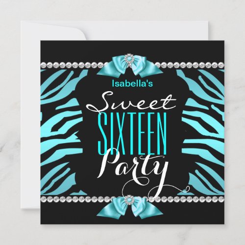 Sweet 16 Teal Blue Zebra Black White Birthday Invitation