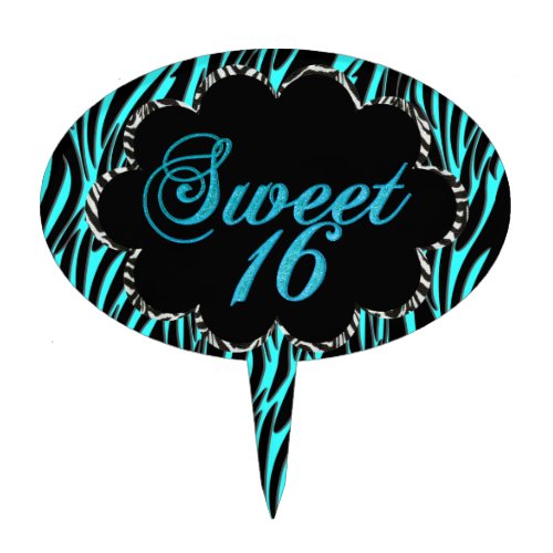 Sweet 16 Teal Blue Zebra Black White Party Cake Cake Topper