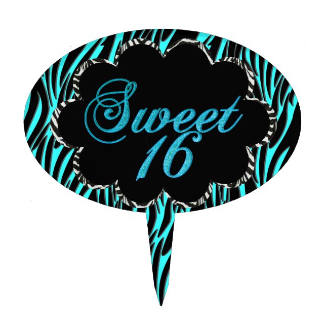 Sweet 16 Teal Blue Zebra Black White Party Cake Topper (Front)