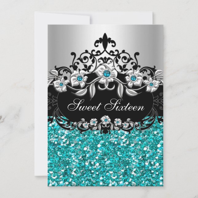 Sweet 16 Teal Floral Glitter Party Invitation (Front)
