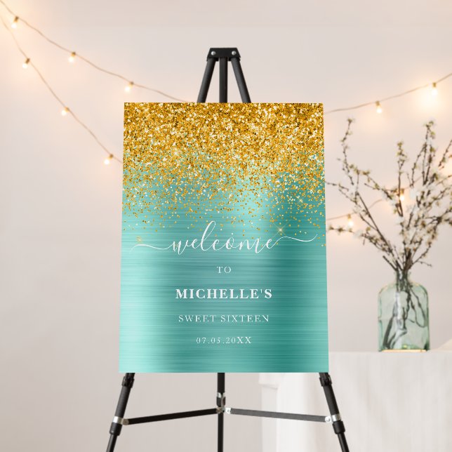 Sweet 16 Teal Gold Glitter Sparkle Name Welcome Foam Board (In Situ (Stand))