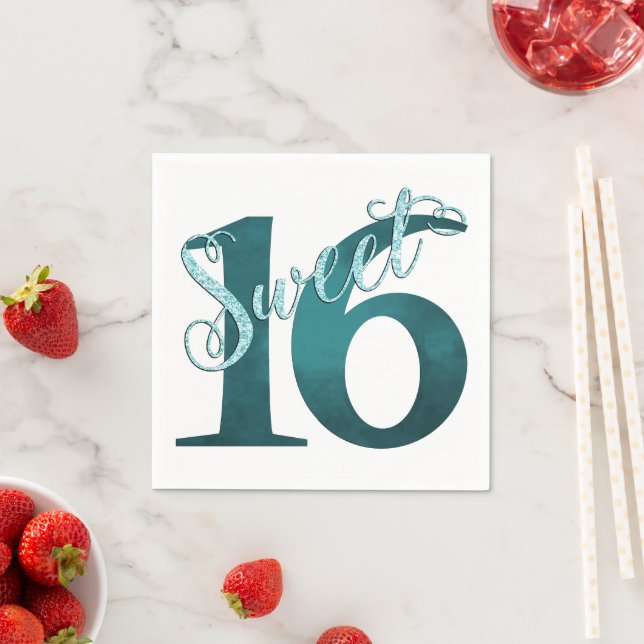 Sweet 16 | Teal Green Grunge and Faux Glitter Napkins (Insitu)