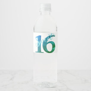 Sweet 16 Teal Green Grunge and Faux Glitter Water Bottle Label