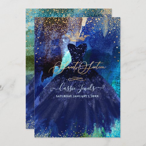 Sweet 16 Teal Navy Blue Watercolor Gown Invitation