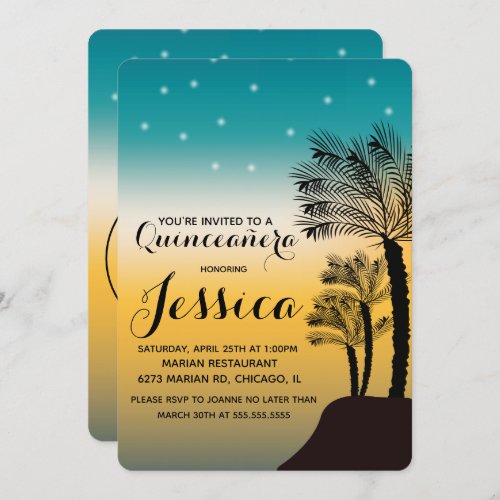 Sweet 16  Teal Ombre Sunset Beach Tropical Invitation