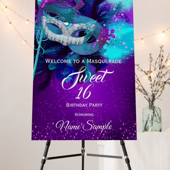 Sweet 16 Teal Purple Feather Mask Masquerade Foam Board (In Situ (Stand))