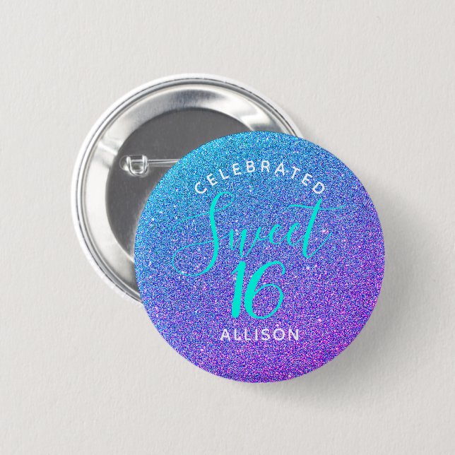 Sweet 16 Teal Purple Glitter Birthday Party Favor Button (Front & Back)