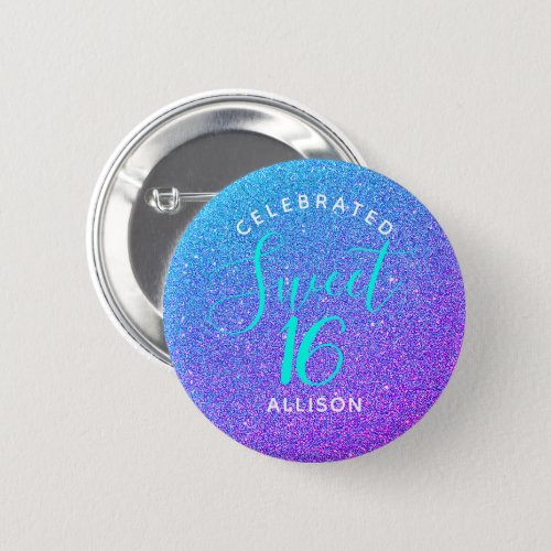 Sweet 16 Teal Purple Glitter Birthday Party Favor Button