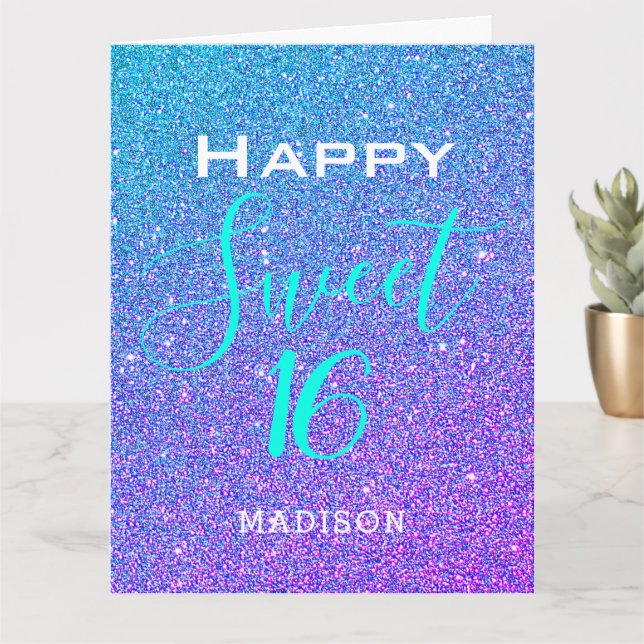 Sweet 16 Teal Purple Glitter Birthday Personalized Card (Small Plant)