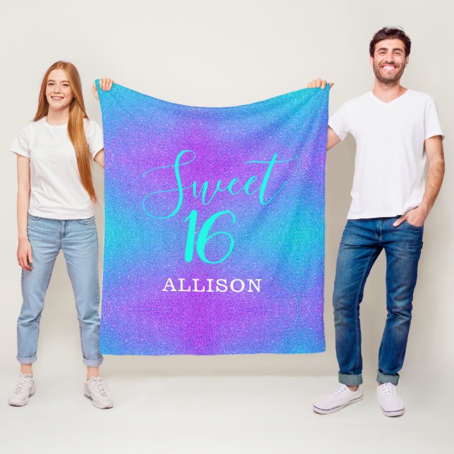 Sweet 16 Teal Purple Glitter Girls Personalized Fleece Blanket (In Situ)
