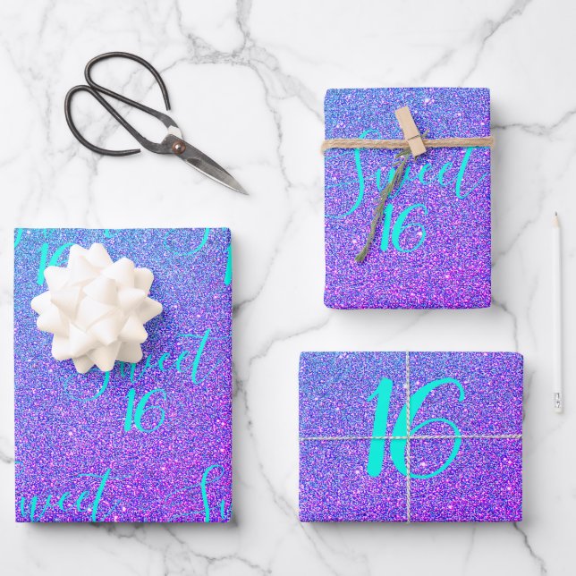 Sweet 16 Teal Purple Glitter Glam Girl Birthday Wrapping Paper Sheets (Front)