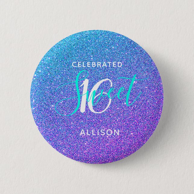 Sweet 16 Teal Purple Glitter Name Party Favor Button (Front)