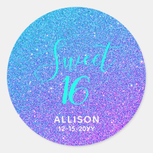 Sweet 16 Teal Purple Glitter Ombre Personalized Classic Round Sticker