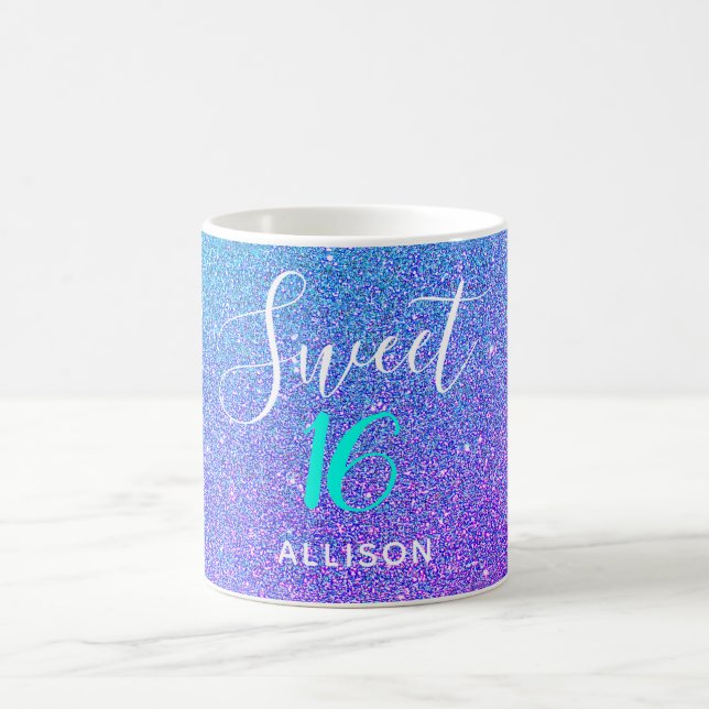 Sweet 16 Teal Purple Glitter Ombre Personalized Coffee Mug (Center)