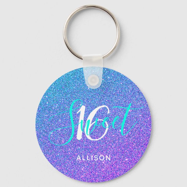Sweet 16 Teal Purple Glitter Ombre Personalized Keychain (Front)