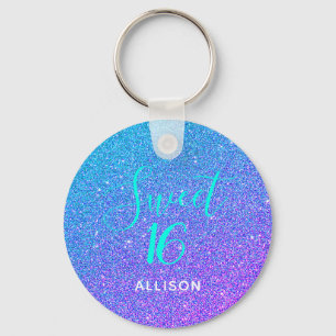Sweet 16 Teal Purple Glitter Ombre Personalized Keychain