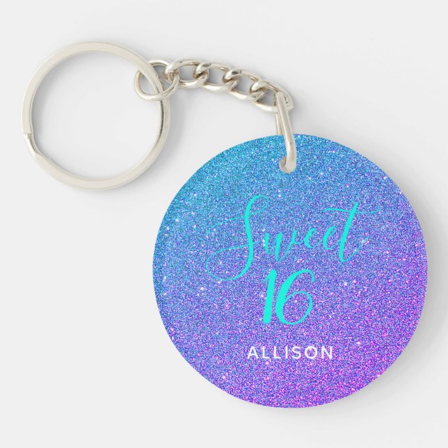 Sweet 16 Teal Purple Glitter Ombre Personalized Keychain (Front)