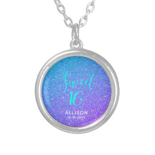 Sweet 16 Teal Purple Glitter Ombre Personalized Silver Plated Necklace