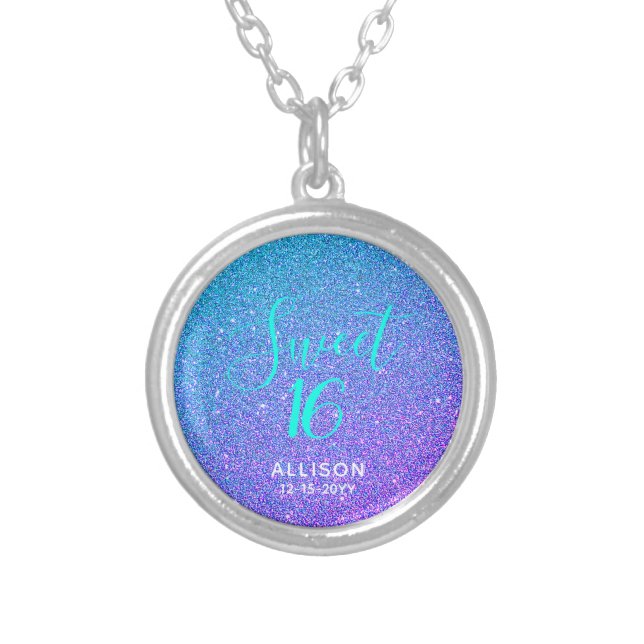 Sweet 16 Teal Purple Glitter Ombre Personalized Silver Plated Necklace (Front)