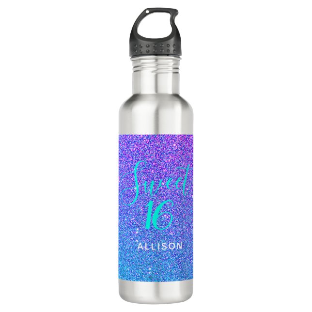 Sweet 16 Teal Purple Glitter Ombre Personalized Stainless Steel Water Bottle (Front)