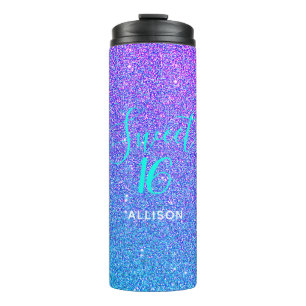 Sweet 16 Teal Purple Glitter Ombre Personalized Thermal Tumbler