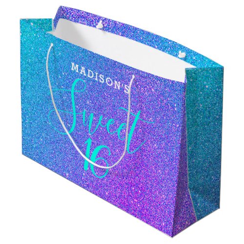 Sweet 16 Teal Purple Glitter Personalized Large Gift Bag