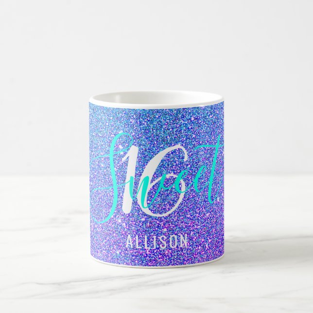 Sweet 16 Teal Purple Glitter Personalized Name Coffee Mug (Center)