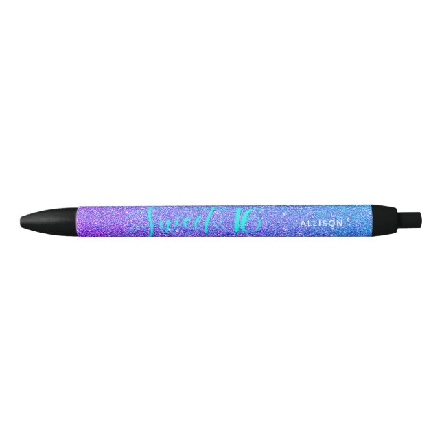 Sweet 16 Teal Purple Glitter Sparkle Personalized Pen (Front)