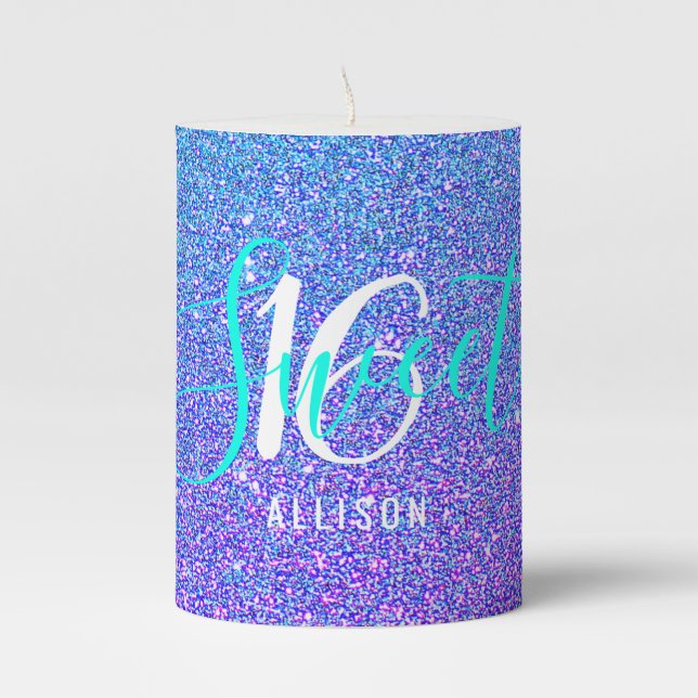 Sweet 16 Teal Purple Glitter Sparkle Personalized Pillar Candle (Front)