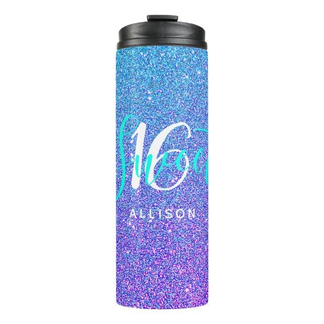 Sweet 16 Teal Purple Glitter Sparkle Personalized Thermal Tumbler (Front)
