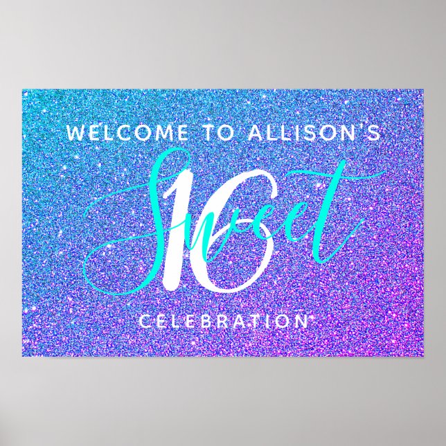 Sweet 16 Teal Purple Glitter Welcome Personalized Poster (Front)