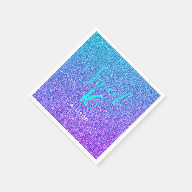 Sweet 16 Teal Purple Ombre Glitter Personalized Napkins (Corner)
