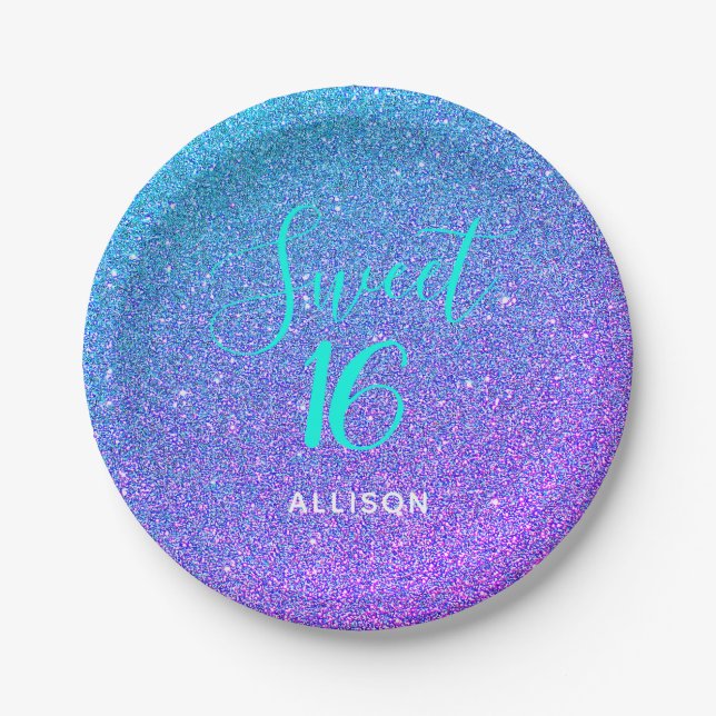Sweet 16 Teal Purple Ombre Glitter Personalized Paper Plates (Front)