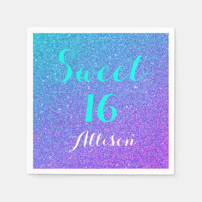 Sweet 16 Teal Purple Ombre Glitter Sparkle Napkins (Front)