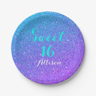 Sweet 16 Teal Purple Ombre Glitter Sparkling Paper Plates